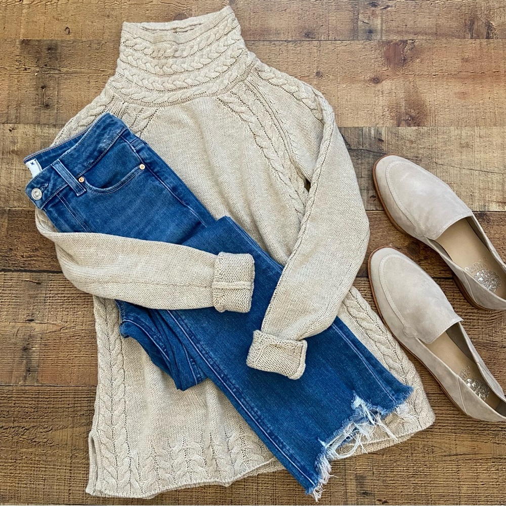 Cream Cable Knit Turtleneck Sweater Warm Cozy Soft